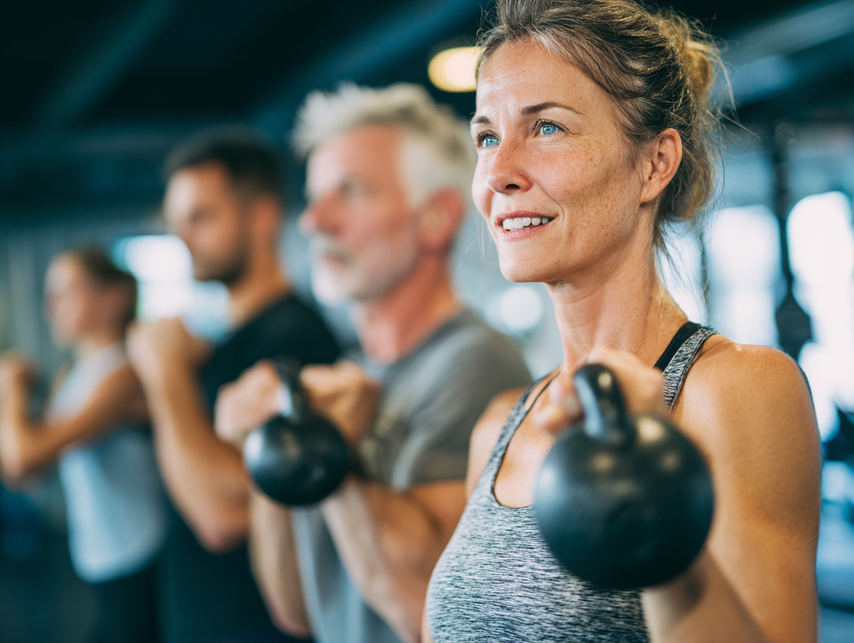 Разнообразна група хора от различни възрасти по време на групова тренировка